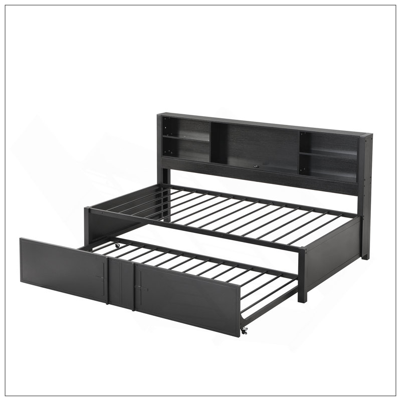 Lit de jour simple en métal avec lit gigogne simple, tablettes de rangement et ports USB