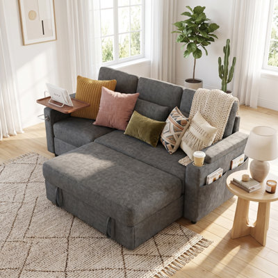 81" 3-in-1 Foldable Sofa Bed with Table & USB Ports, Chenille 3-Seater Convertible Couch, Adjustable Backrest, Storage Armrests, Space-Saving for Living Room, Apartment