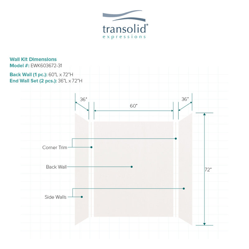 Expressions 60'' W 36'' D 72'' H Glue Up Solid Surface Wall, White