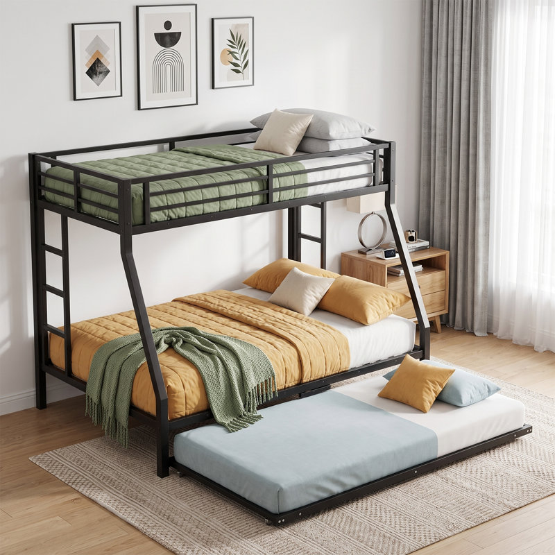 Lit superposé en métal (un lit simple en haut, un lit double en bas) avec lit gigogne simple, barrière de sécurité, échelle et rangement sous le lit ; sommier non requis.