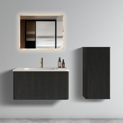 30 Inch Striped Brushed Black Oak Floating Bathroom Vanity With White Ceramic Sink, Modern And Space-Saving Design