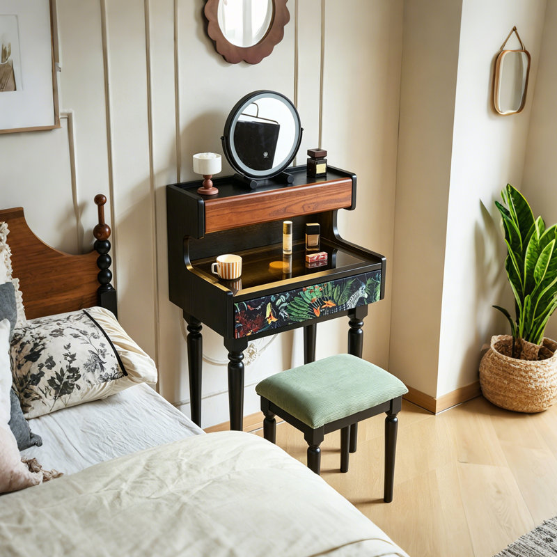Ensemble de meuble-lavabo vintage rétro avec miroir et tabouret