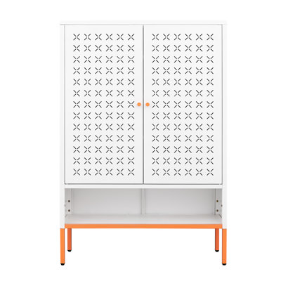 White Metal Grid Double Door Shoe Storage Cabinet Rack, 15Cm Elevated Base, Adjustable Shelves, Modern Style For Living Spaces Freestanding Organizer Cabinet, High Foot To Avoid , Three Compartments,