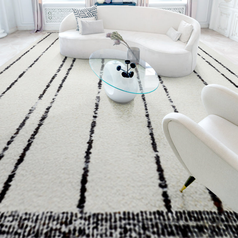 Wool Striped Area Rug in Ivory, Rectangle 10' x 14'