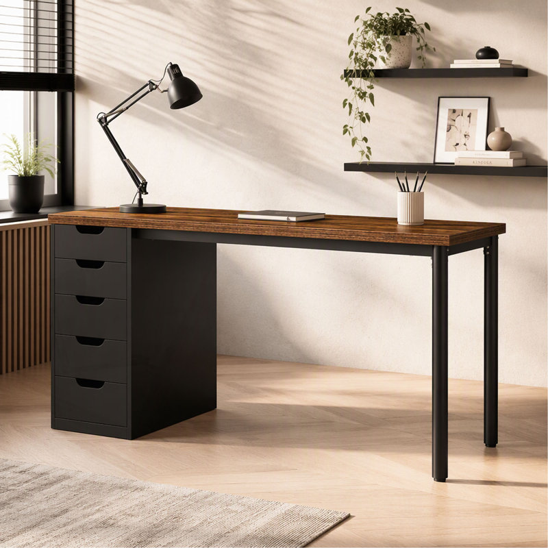Bureau d'ordinateur 47 po avec 5 tiroirs et armoire réversible, bureau rustique et personnel avec rangement, table d'écriture moderne pour petits espaces