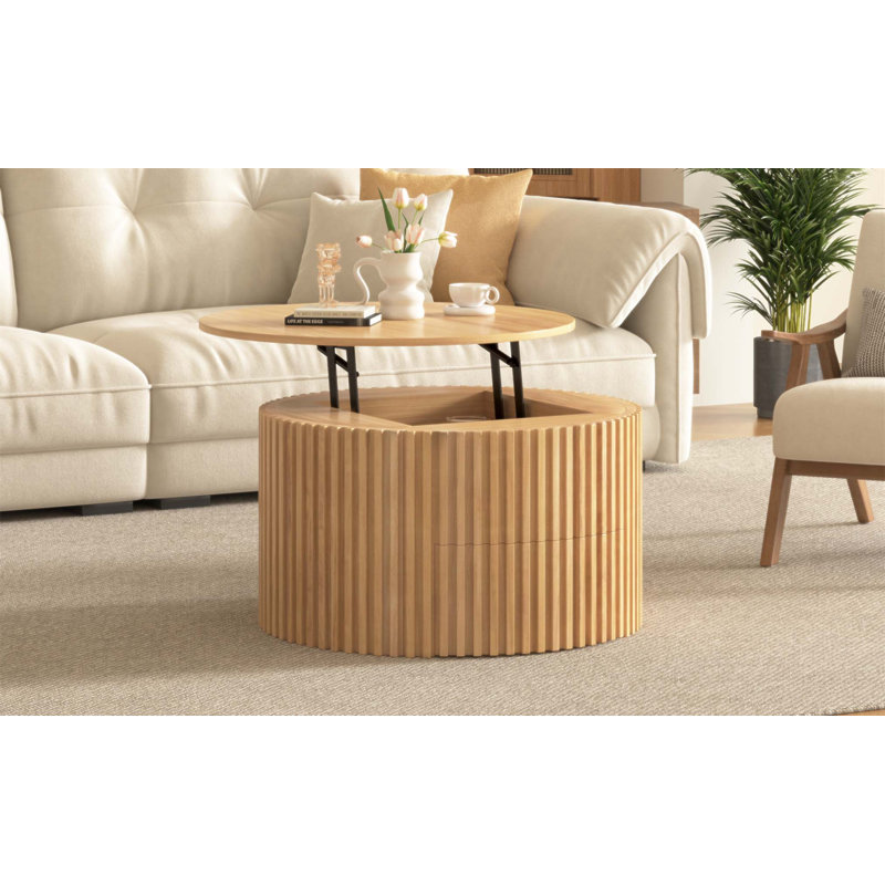 Table basse ronde à plateau relevable, décor moderne en bois cannelé avec rangement caché pour un salon polyvalent