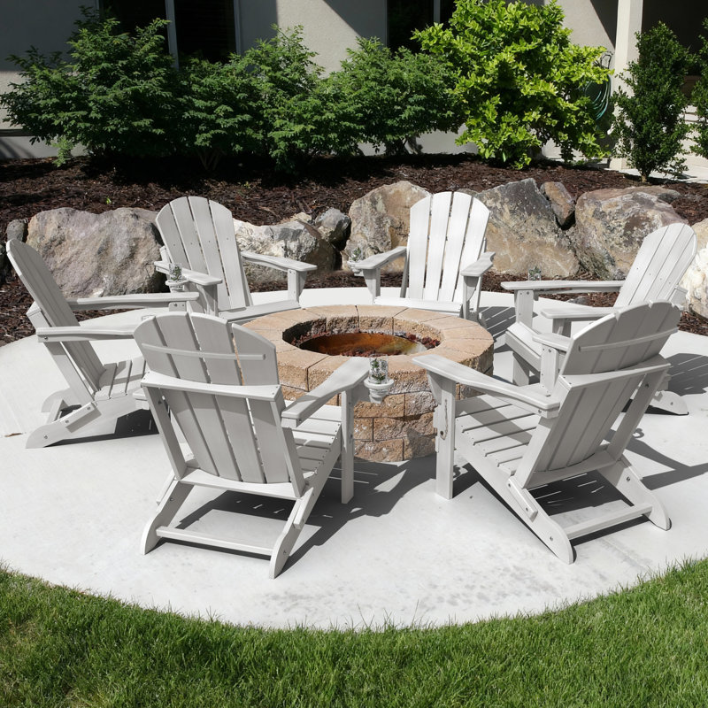 Set Of 6 Folding Adirondack Chairs, Firepit Chairs, Cup Holder, All-Weather HDPE, White