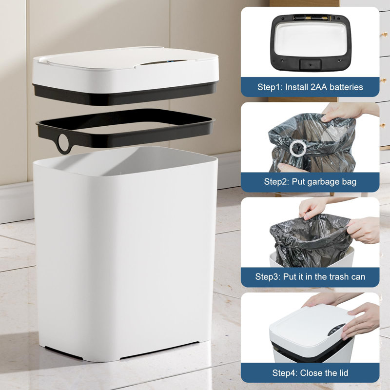 White Slim Touchless Motion Sensor Plastic Trash Can Set