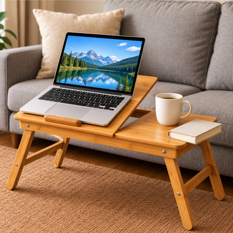 Timber Valley Adjustable Bamboo Laptop Desk, Foldable Bed Tray Table with Tilting Top & Storage Drawer