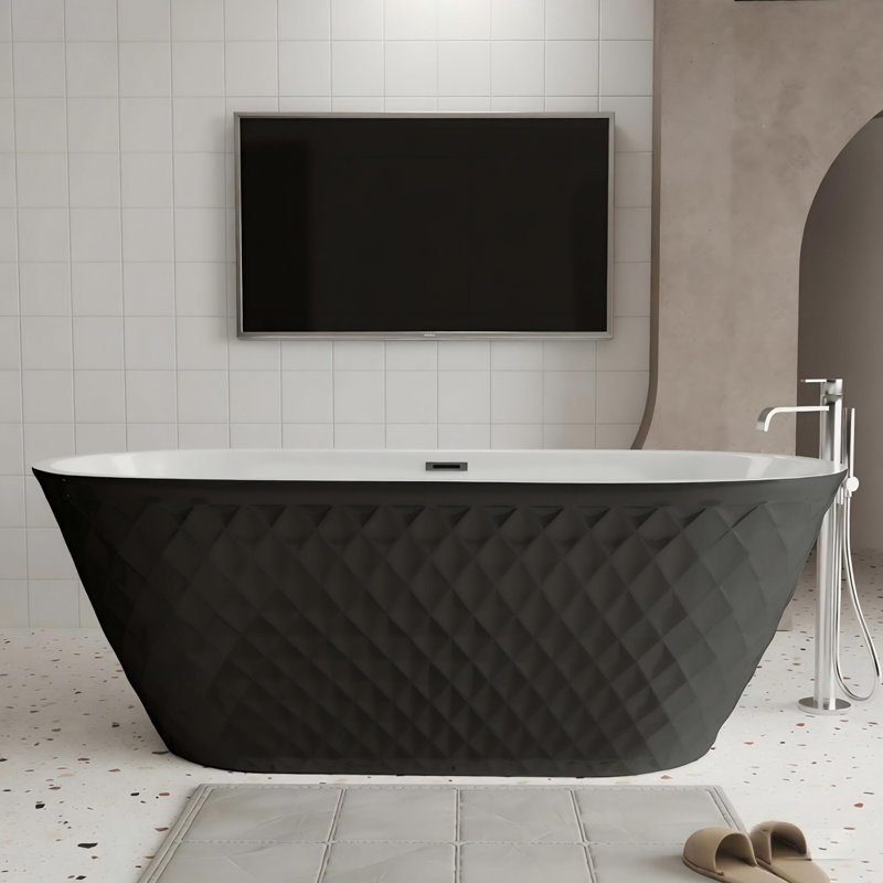 67'' acrylic freestanding bathtub with unique diamond pattern design: spacious oval shape, Black finish, brushed nickel overflow and pop-up drain CUPC Certificate 