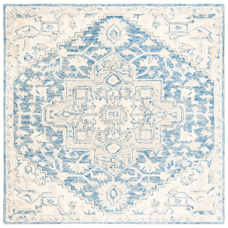 Cyrilmagnin Hand Tufted Wool Cotton Oriental Rug in Ivory/Blue, Square 5'