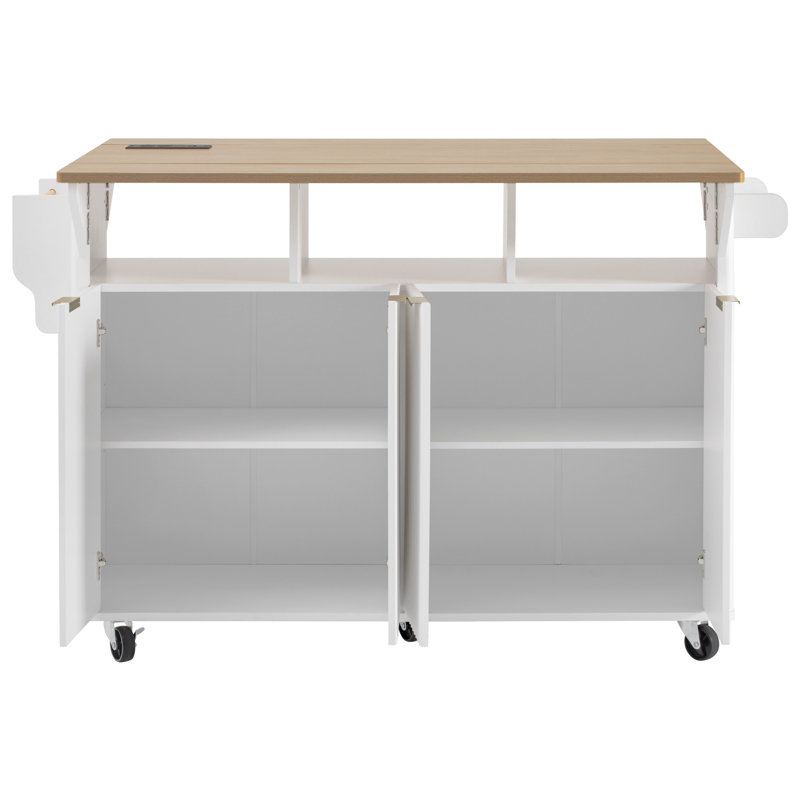 Îlot de cuisine à roulettes cannelé avec tablette à épices et prise électrique, Blanc, H 35,8 po x l 55,5 po x P 32,8 po