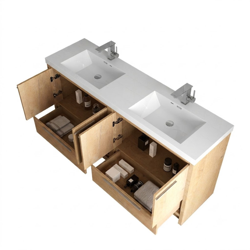  Meuble-lavabo double 72 po avec comptoir en résine blanc brillant, moderne ， Maison, 72"