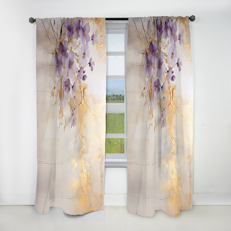 Rideau mauve à motif floral violet et or mauve et violet - 1 panneau, L 52 po x L 84 po