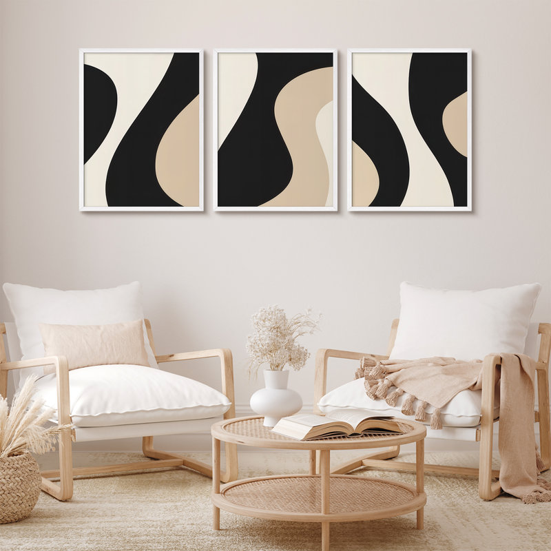 "Modern Abstract Curves", ensemble de 3 reproductions d'art mural encadrées - motif géométrique minimaliste noir, beige et blanc, œuvre d'art contemporaine pour le salon ou le bureau
