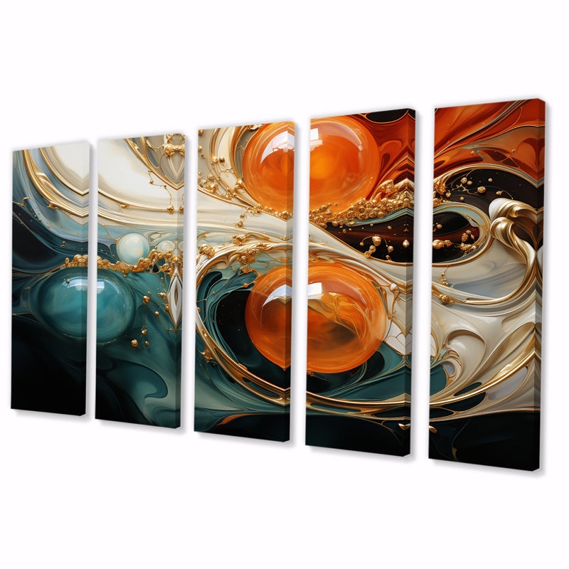 Planète vagues orange et or II - peinture abstraite, art mural 5 pièces, H 28 po x l 60 po