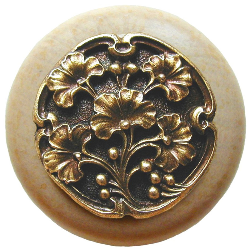 Poignée champignon 1,5 po de diamètre Leaves, Laiton antique, bois naturel