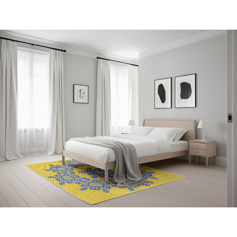 Tapis bleu/jaune à motifs, Rectangle 5 pi x 7 pi