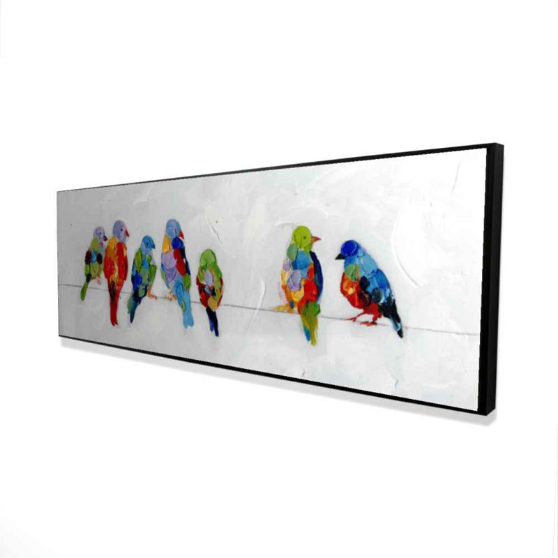 Oiseaux colorés sur un fil - Art contemporain encadré