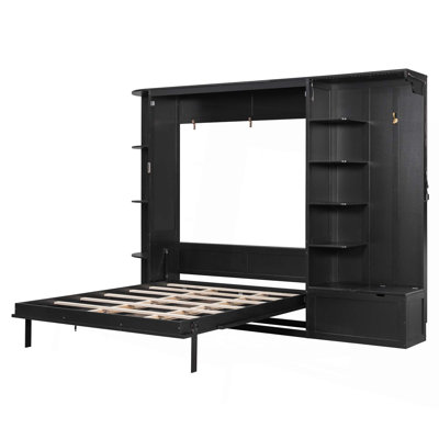 Murphy Bed with Storage & Lights,Hidden Fold-Out Legs,Built-in Shelves & Cabinets,Space-Saving Wall Bed with Hook for Small Spaces