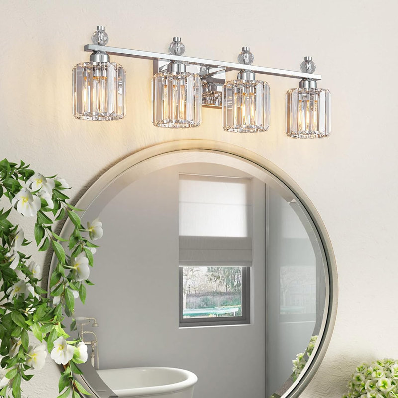 Luminaire de salle de bain moderne en cristal chromé à 4 lumières pour installation au-dessus d'un miroir