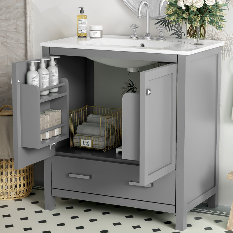 Meuble-lavabo de 30 po gris. Lavabo simple avec mécanisme de fermeture en douceur. Armoire de rangement à 2 portes et 1 tiroir. Armoire en bois massif gris, évier, efficacité de travail