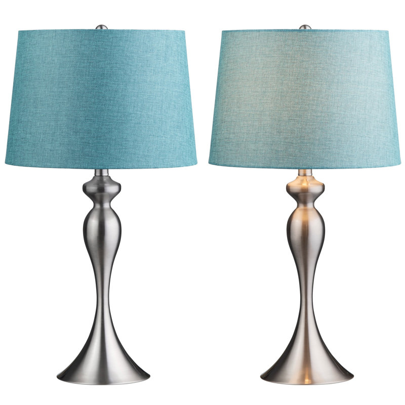 Set Of 2 25.5" Steel Table Lamp W/ Linen Shade, Satin Nickel, Blue