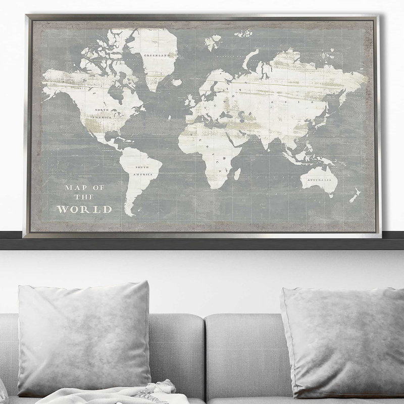 Carte du monde en ardoise par Sue Schlabach - impression, Cadre flottant argent, H 27,5 po x l 43,5 po x P 2 po