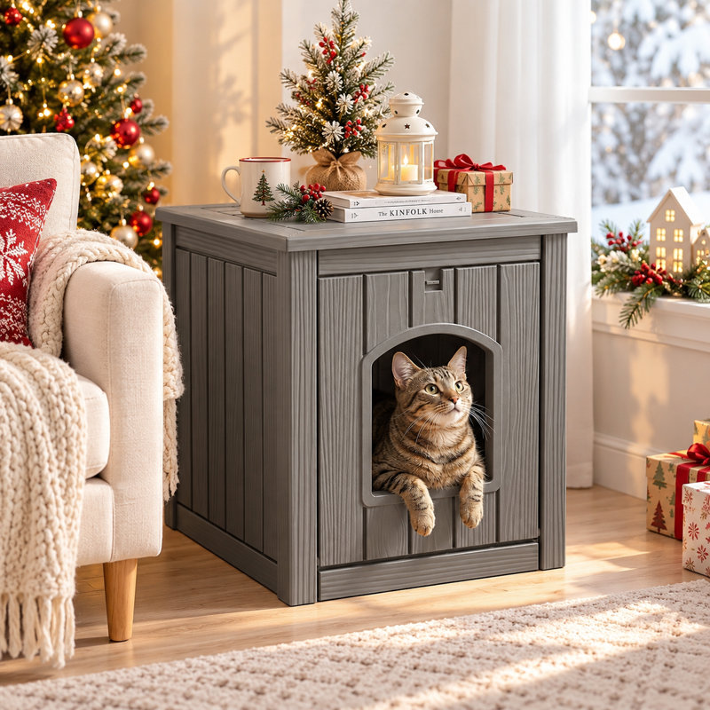 Maison pour animaux 3 en 1 en résine de 54,4 cm de hauteur : compartiment pour bac à litière dissimulé avec table d'appoint