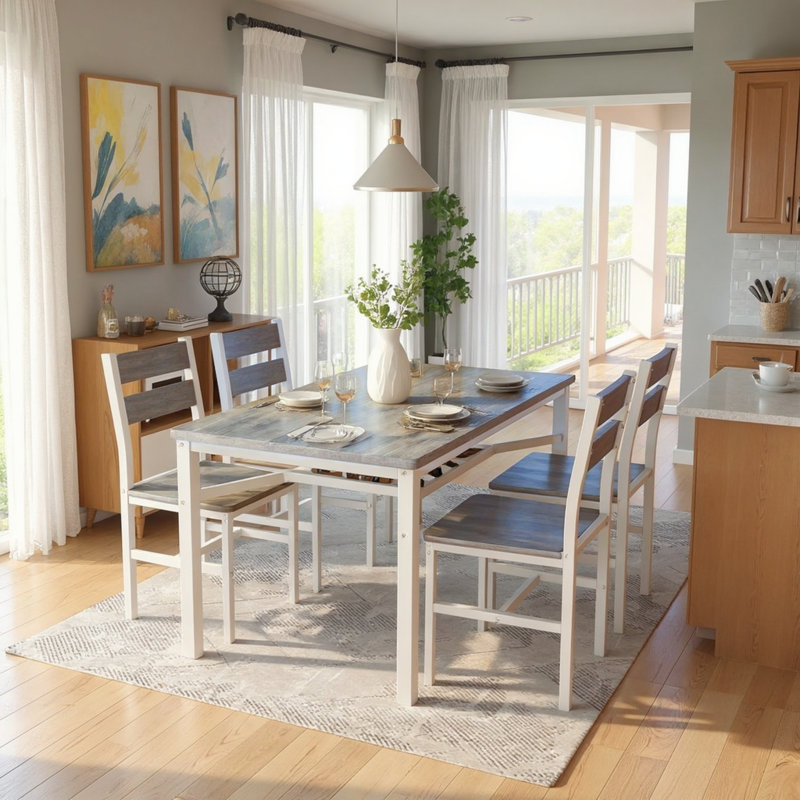  5-Piece Dining Table Set For 4 With Storage Rack, Farmhouse Wood Kitchen Table & Chairs Set With Metal Frame, Dining Room Table With 4 Curved Chairs For Breakfast Nook, Apartment