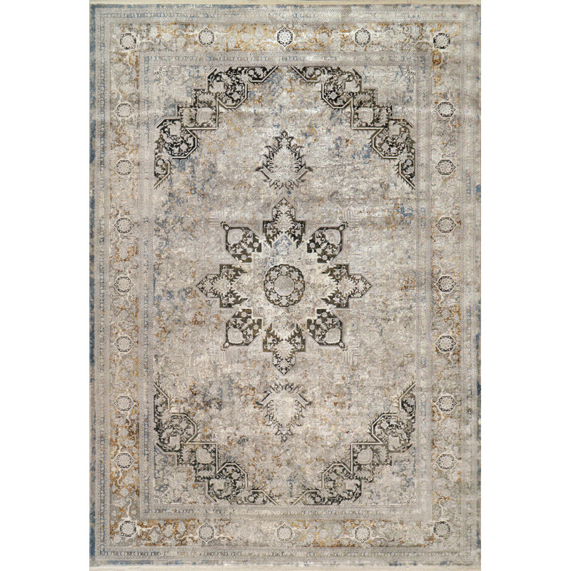 Tapis oriental fabriqué à la machine ivoire / gris / or, Rectangle 9 pi x 12 pi