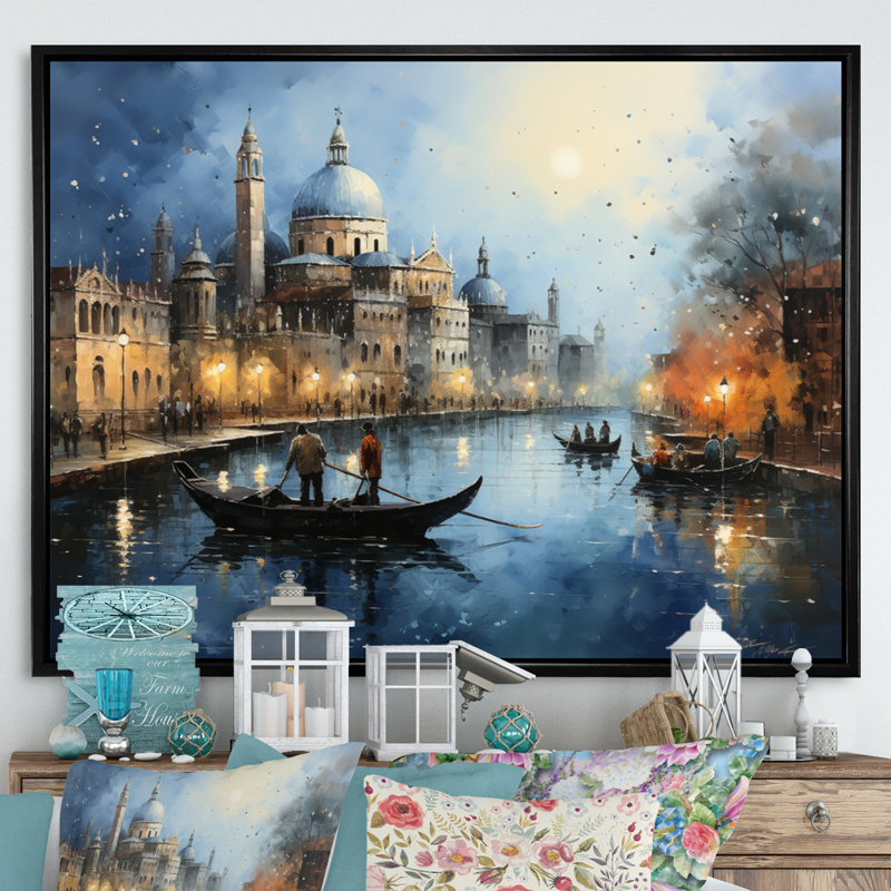 Gris sarcelle canal urbain Venise - imprimé, Cadre flottant noir, H 24 po x l 32 po x P 1 po