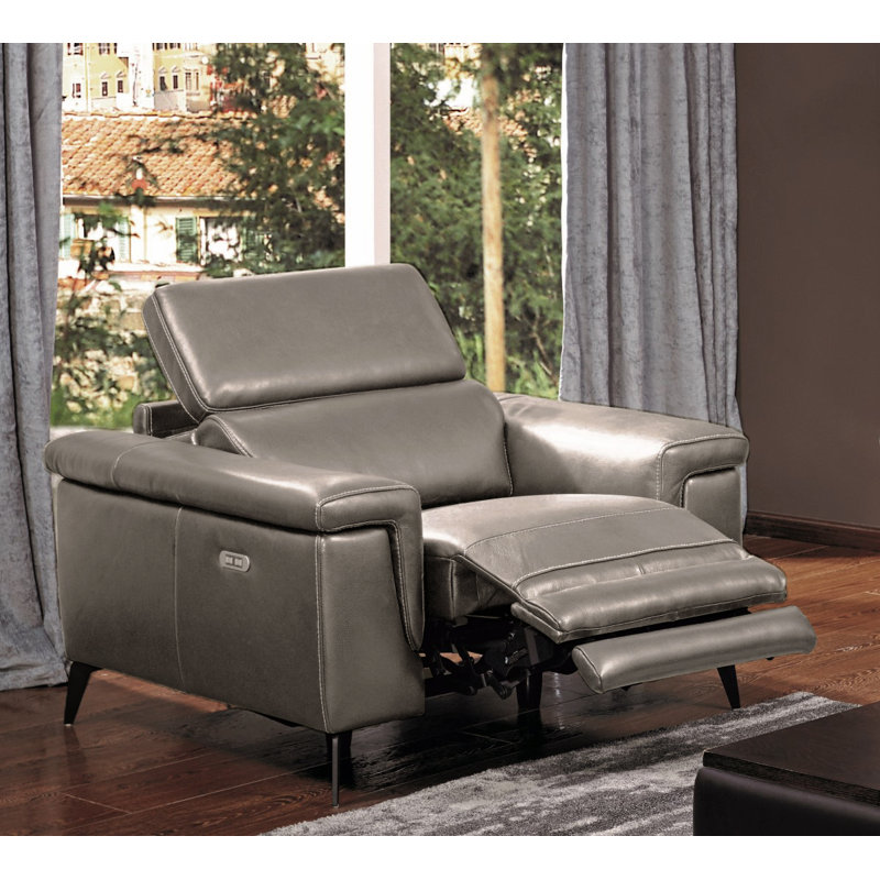 Philippa 44" Wide Genuine Leather Power Zero Clearance Standard Recliner, Gray
