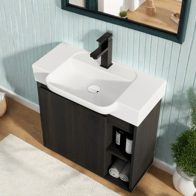 Meuble-lavabo mural compact avec lavabo, finition chêne foncé, design moderne