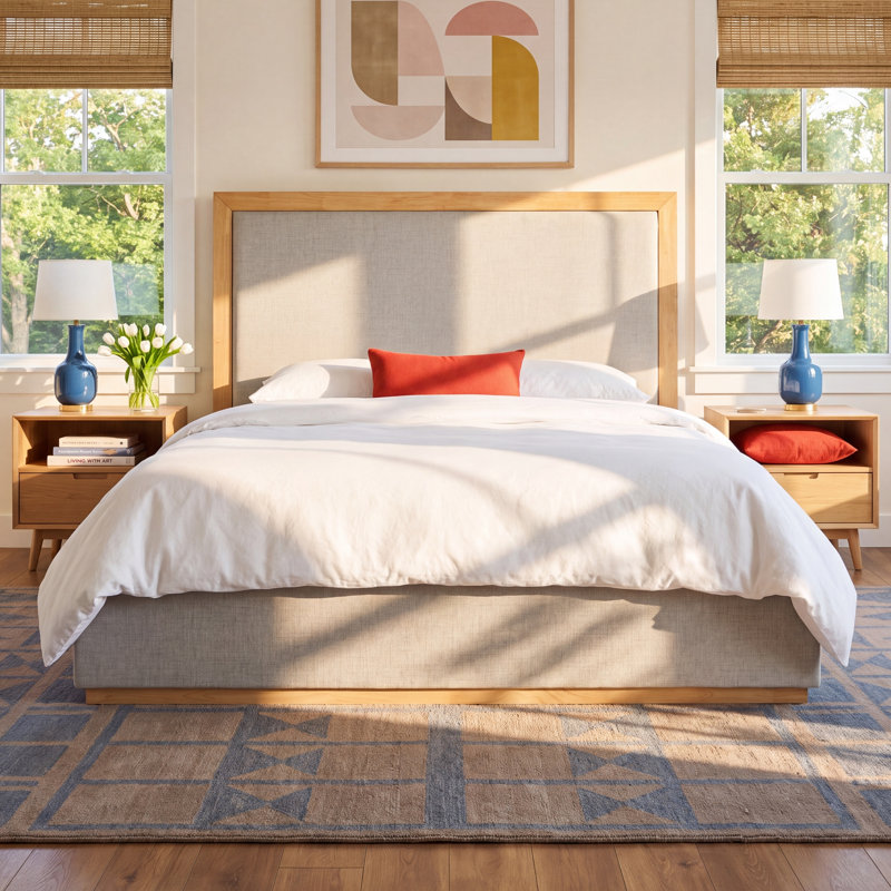 Reanna Upholstered Platform Bed, King, Natural Wood/Gray