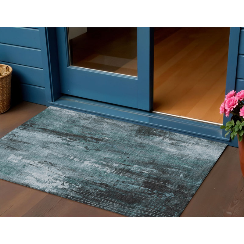 Tapis d'extérieur lavable abstrait bleu sarcelle 3 pi x 5 pi bleu sarcelle et ivoire