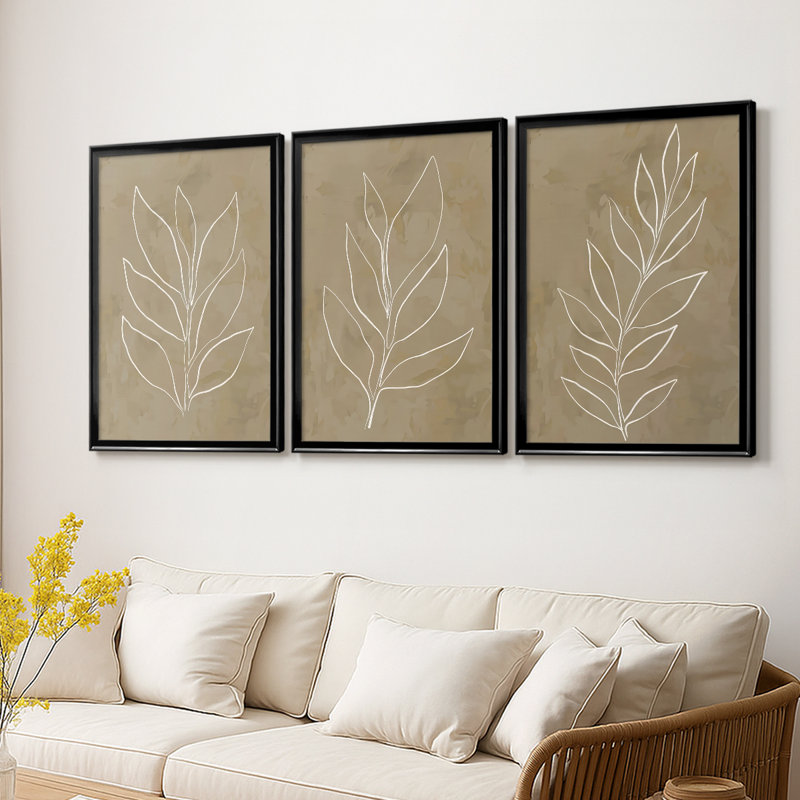 Leaf Line Art I - Toile tendue avec châssis sur mesure - 3 pièces, H 27 po x l 39 po, Noir