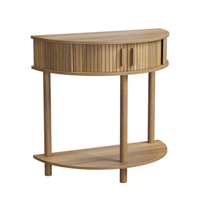 31.5 - Inch Modern Table, Half Moon Shape, For Hallway, With And Solid Wood Legs, Walnut Semicircular Console Living Room Or Foyer, Mid Century Style, Two Drawers Top,