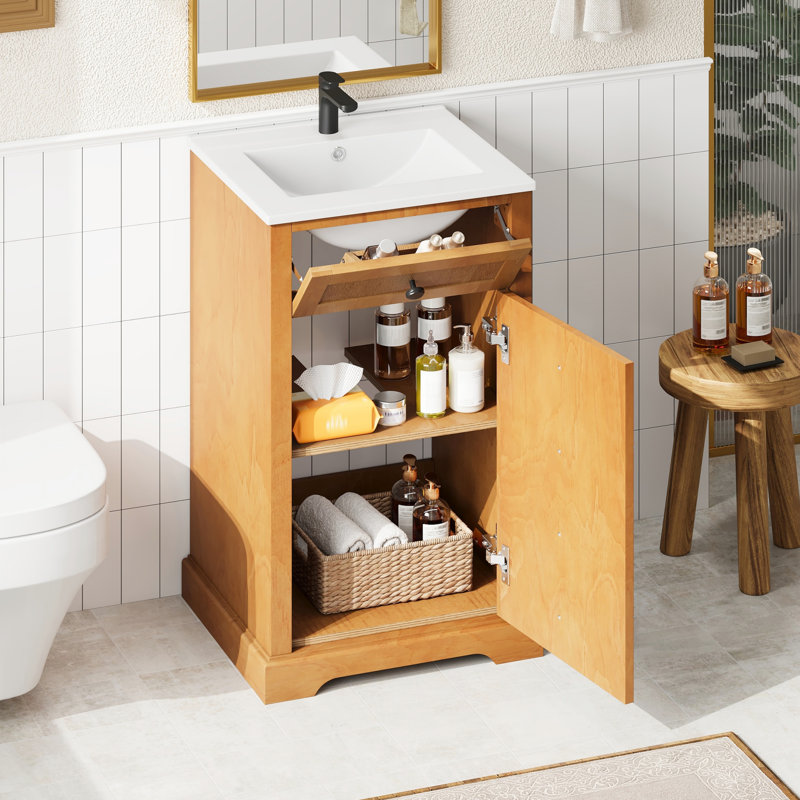 Meuble-lavabo de 20 pouces avec lavabo en céramique, bois massif et armoire, porte à fermeture douce, rangement fonctionnel pour lavabo intégré pour petite salle de bain, cadre, débordement de porte