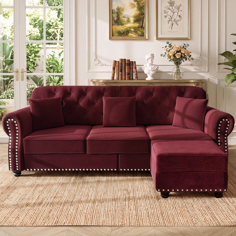 Canapé capitonné en velours 82,6 po Chesterfield, Bourgogne