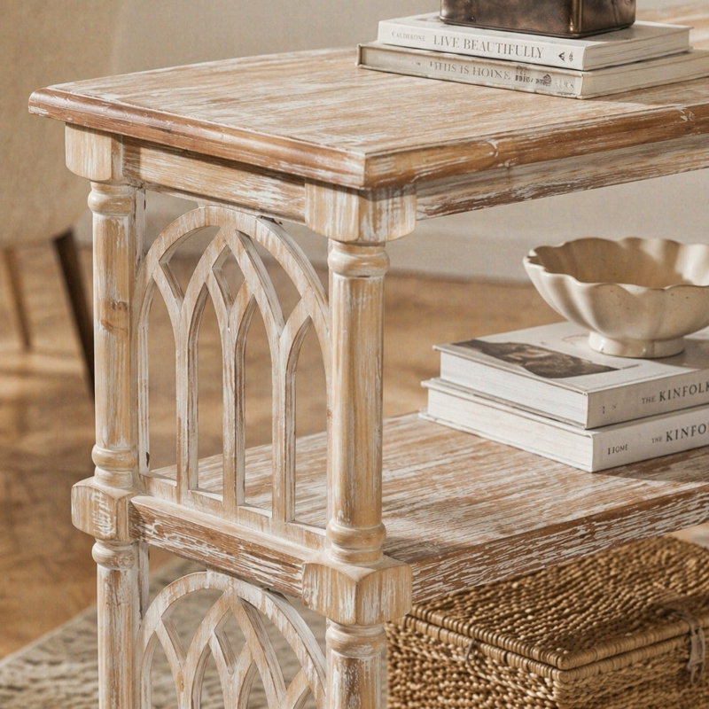 Console rustique à 3 niveaux avec détails d'inspiration gothique, table d'entrée en bois de 47,24 po de long pour le salon et le couloir