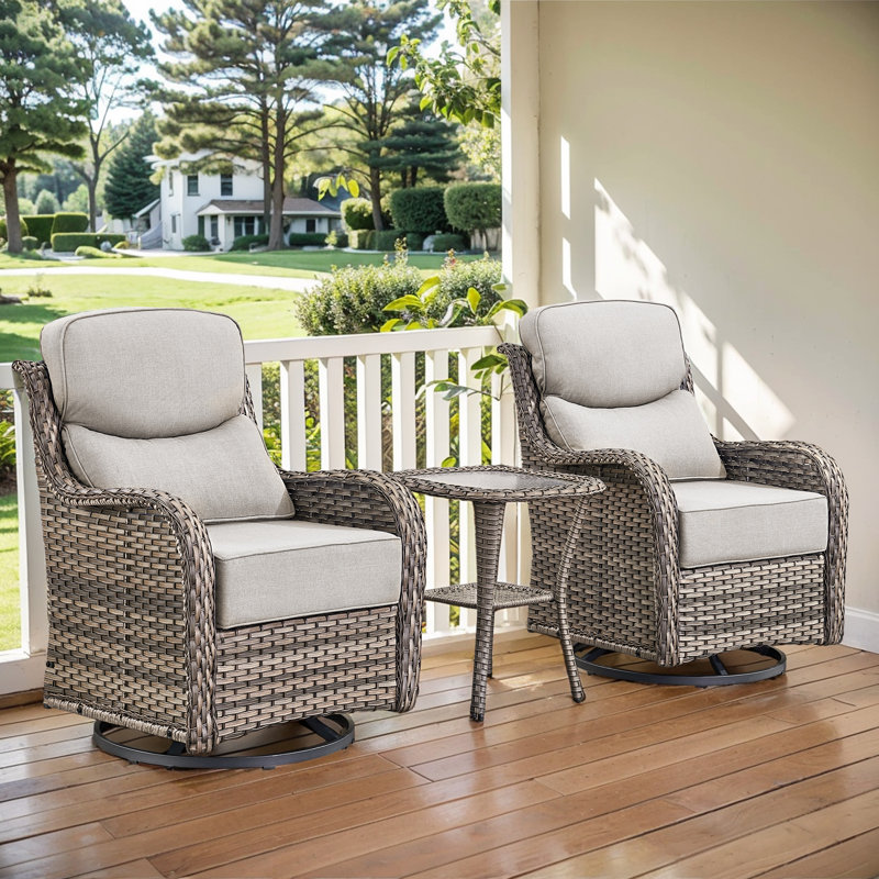 Deb 3-Piece Outdoor Conversation Set with Wicker Swivel Rocking Chairs and Side Table, Beige, Gray