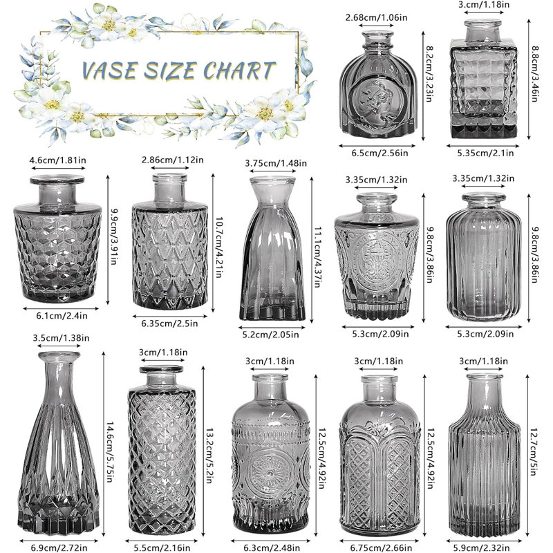 Set of 12 Black Etched Glass Bud Vases