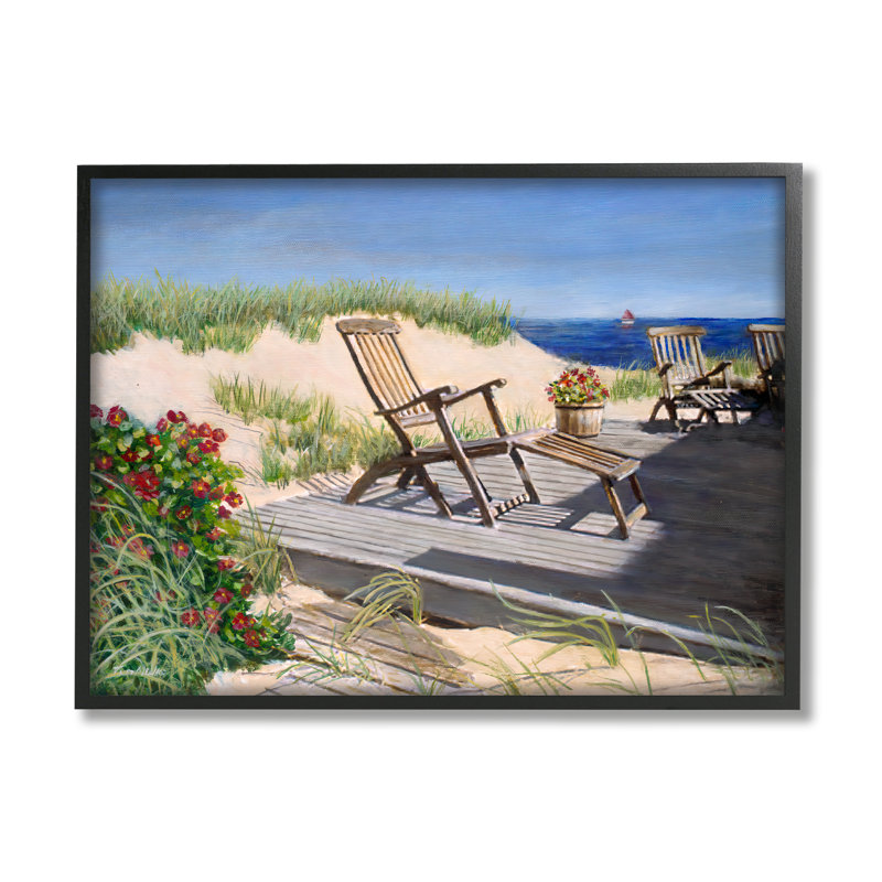 «Relaxing Waterfront Boardwalk Beach Chairs Summer Scene» par Tom Mielko - peinture encadrée sur bois