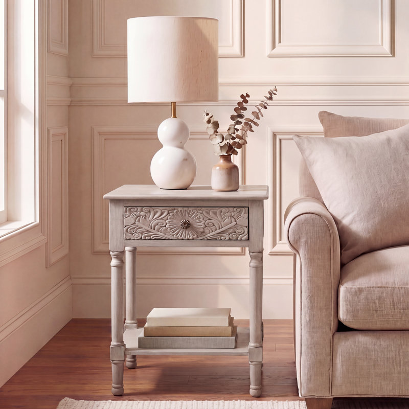 Peters End Table with Storage, Greige