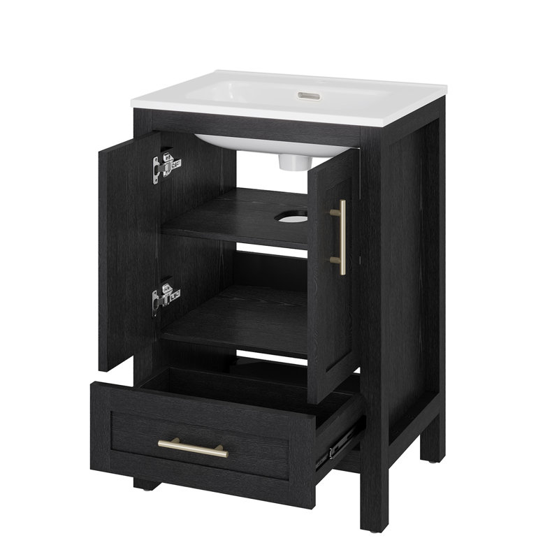 Meuble-lavabo autoportant simple de 24 po avec lavabo en céramique Lumina, noir, contreplaqué de bois franc, portes à fermeture en douceur et rangement réglable intérieur