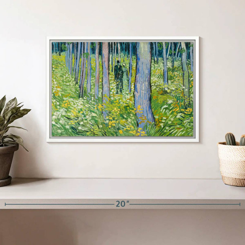 Sous-bois avec deux personnages, Cadre flottant blanc, 13 po x 9 po