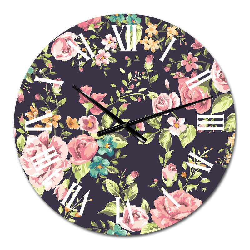Horloge murale à motif de roses rétro sur fond bleu foncé, Petit