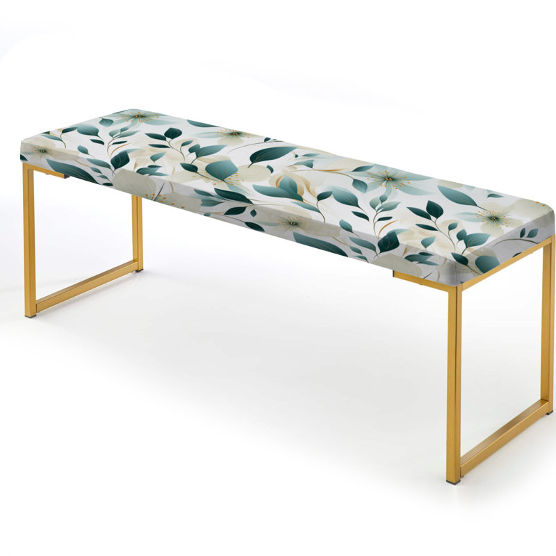 Floral Upholstered Gold Bench, Teal & Ivory Coastal Elegance Floral Pattern III