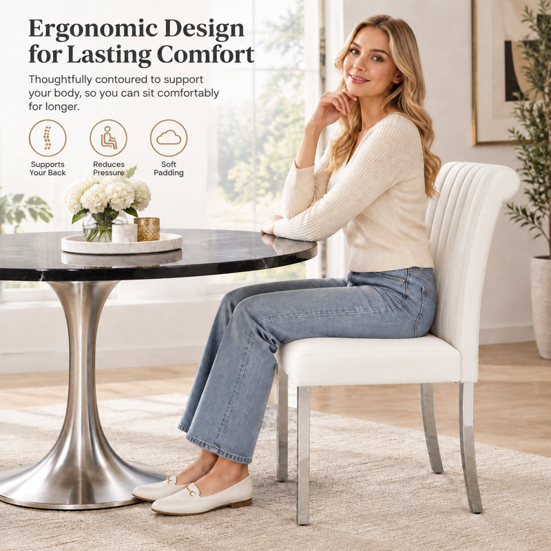 Ensemble de 4 chaises de salle à manger modernes, chaises en cuir blanc avec pieds en acier inoxydable argenté, chaises rembourrées avec dossier haut et pieds en métal chromé pour cuisine/salon/restaurant